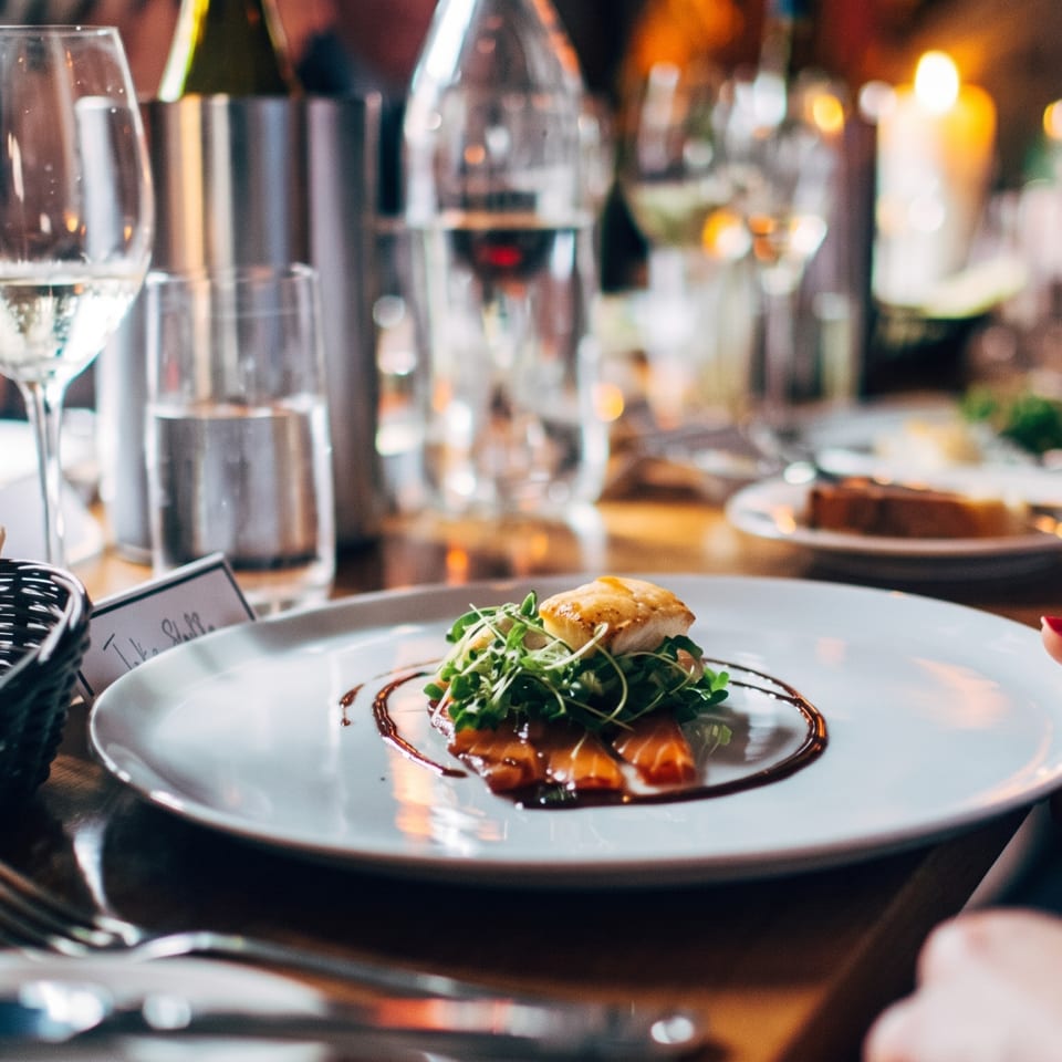 Elegant restaurant table with a plated appetizer, wine glasses, water, and a bread basket.