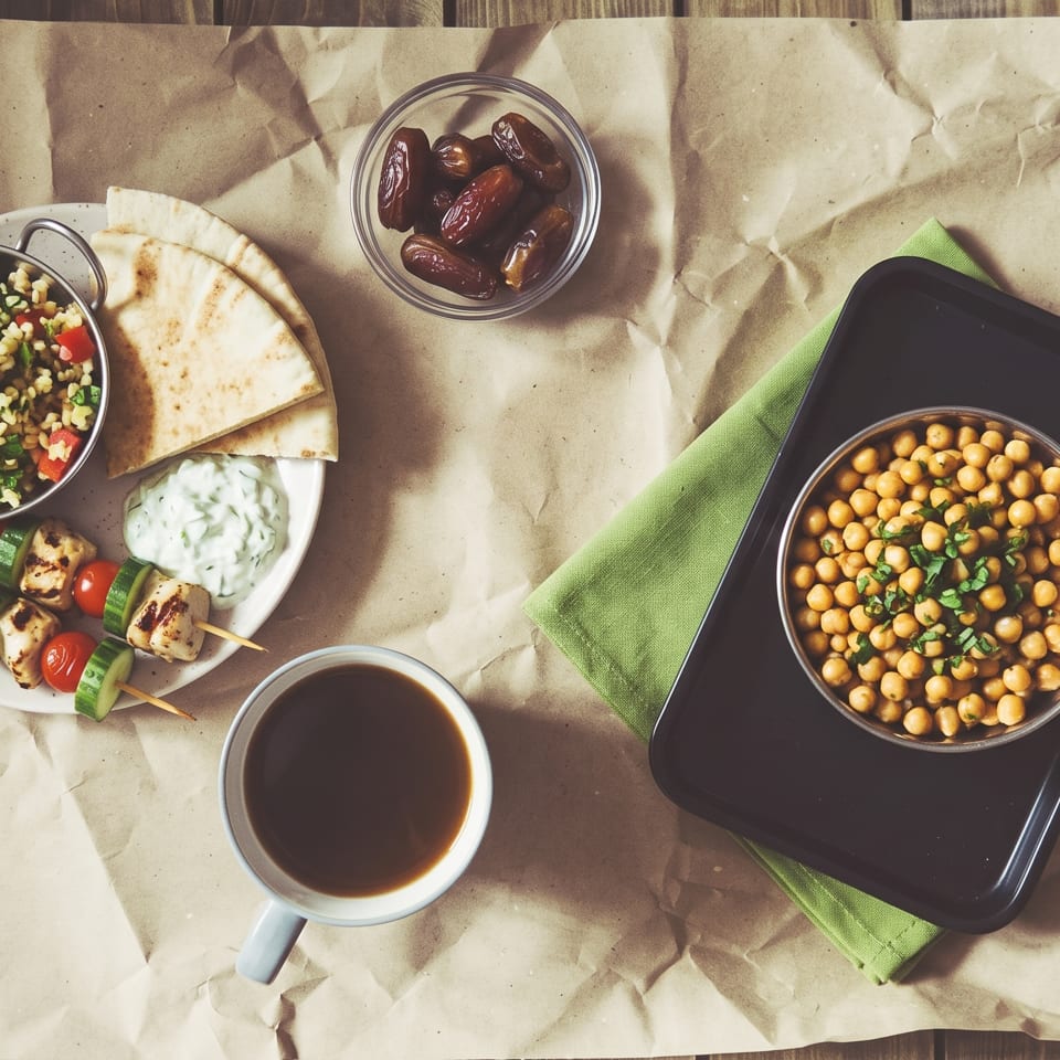 Overhead view of Middle Eastern meal with tabbouleh, skewers, chickpeas, dates, pita, and coffee.