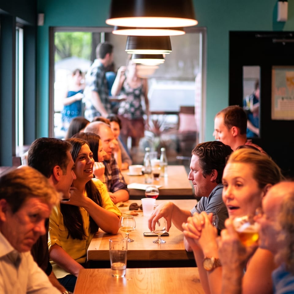 Customers enjoying drinks and conversation at wooden tables in a bustling restaurant.