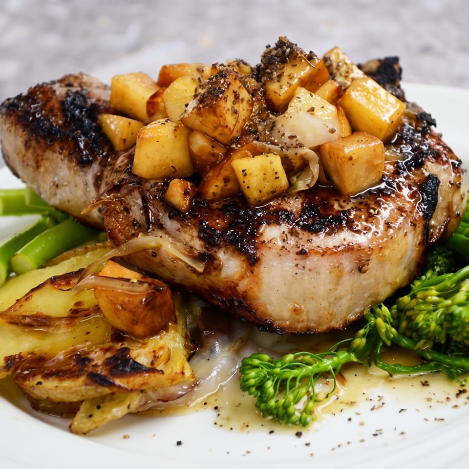 Grilled pork chop topped with diced apples and onions, served with broccolini and roasted potatoes.