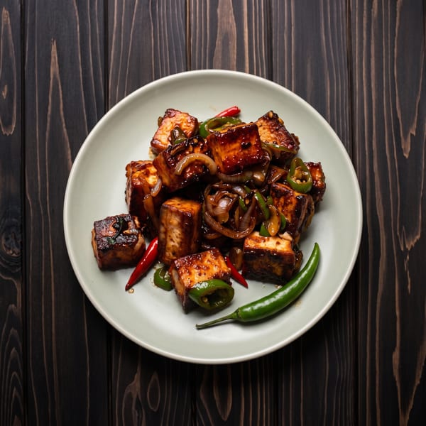 Spicy paneer cubes in a dark sauce with onions, peppers, and chili garnishes on a light plate.