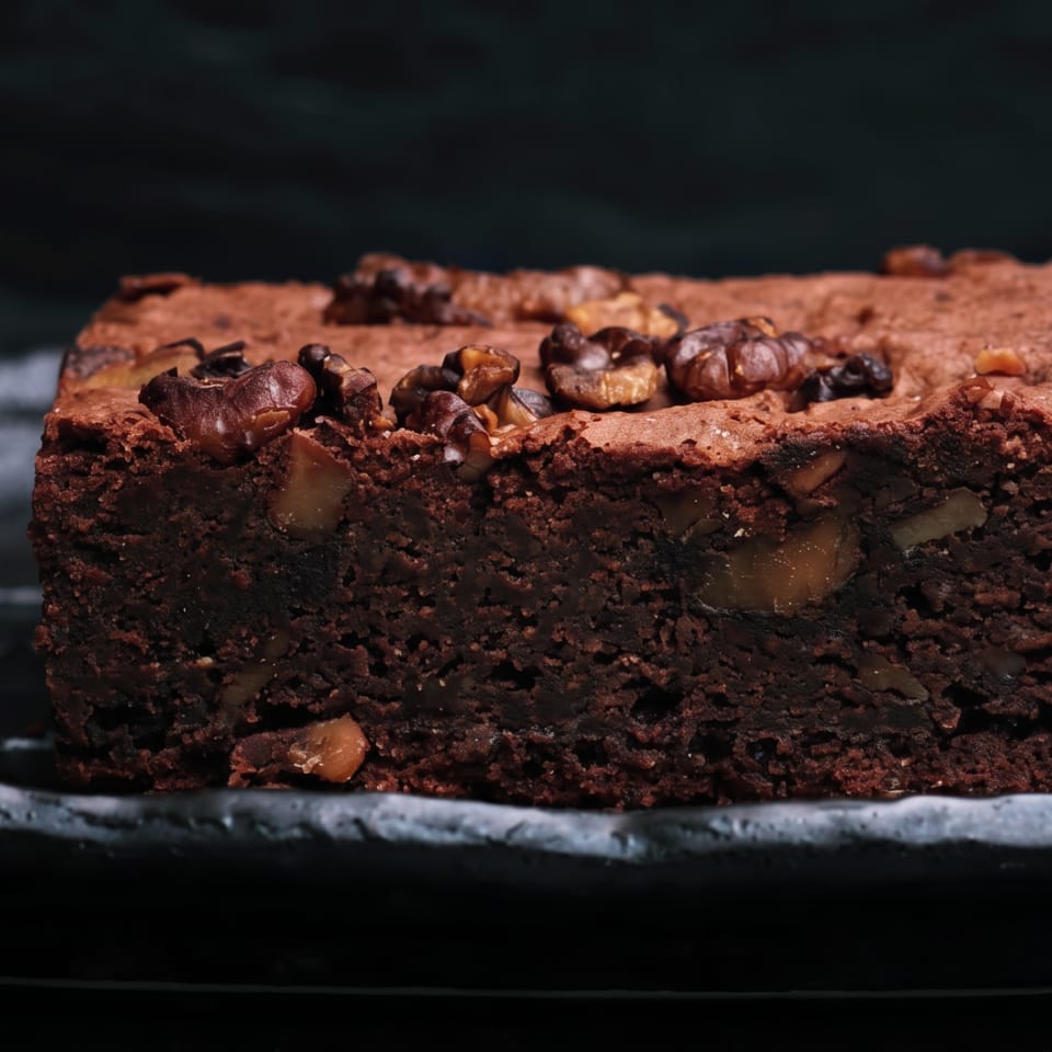 Rich chocolate brownie with walnuts and chocolate chunks on a dark plate.